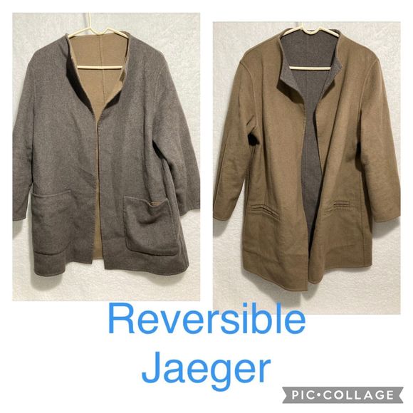 Jaeger Pure Wool Reversible Coat Jacket Coatigan Camel Grey Small - Picture 1 of 7